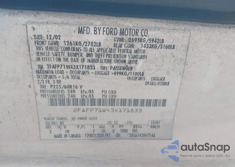 2003 Ford Crown Victoria Police z USA, uszkodzony, nr VIN 2FAFP71W43X171833